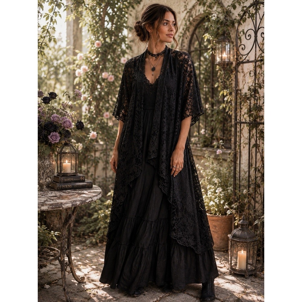 LuLaRoe Lace Duster Womens S Black Floral Mesh Open Front Gothic Boho Cardigan